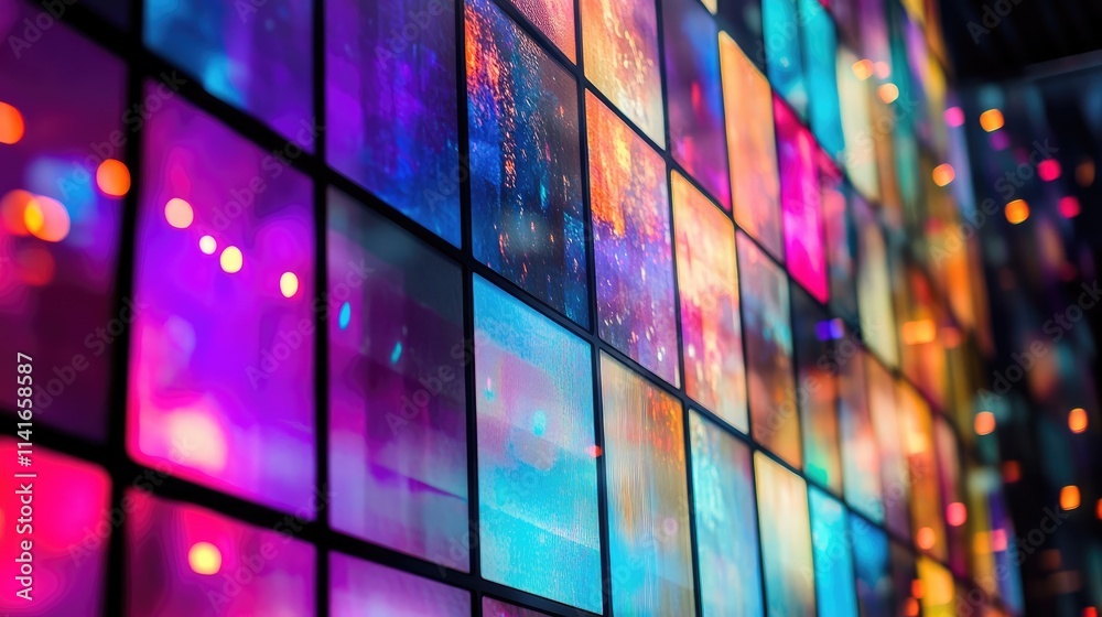 Poster a multimedia streaming wall with vibrant, colorful channel images, creating an engaging background f