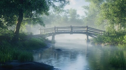 Fototapeta premium A peaceful wooden bridge spanning a river in the early morning light, surrounded by natural greenery and mist.