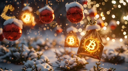 Snowballs and holiday gift bags adorned with radiant Bitcoin logos fall gently over a snowy Christmas landscape.