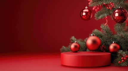 A red podium in a red room with holiday decor and Christmas atmosphere. Perfect for festive marketing campaigns or product displays during the season.