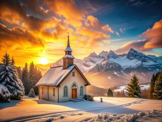 Fototapeta premium Majestic mountains frame a snow-covered church at sunset; a vintage winter scene.