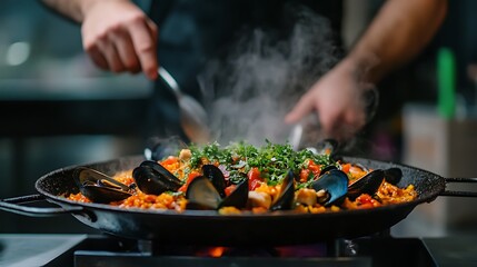 Chef Preparing Steaming Seafood Paella in a Restaurant Kitchen. AI Generated