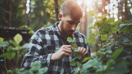 Young farmer examining lush green soybean foliage during beautiful sunrise moment