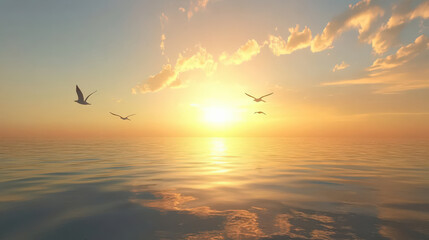 Peaceful sunset birds flight serene ocean golden hour calm tranquility nature sky sea sun clouds birds wings horizon water reflection peace serenity evening twilight sunrise landscape scene view