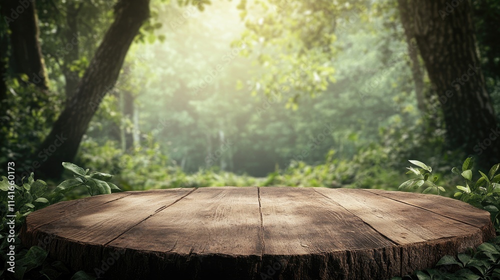 Poster a rustic wooden desk or stump in a lush green forest, surrounded by trees and nature, ideal for prod