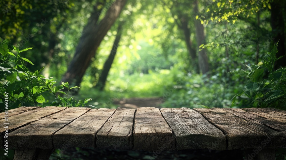 Poster a rustic wooden desk or stump in a lush green forest, surrounded by trees and nature, ideal for prod