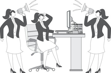 Marketing strategy, media advertising message bombardment, debt or work project rush, hand holding megaphone to businesswoman incessantly talking and complaining