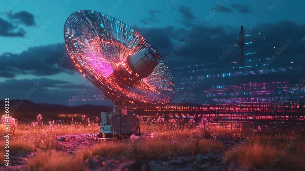 Poster a signal antenna with a futuristic hologram of line data transmission, showcasing advanced telecommu