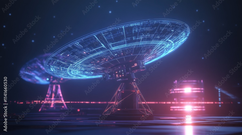 Poster A signal antenna with a futuristic hologram of line data transmission, showcasing advanced telecommunication and broadcast technology.