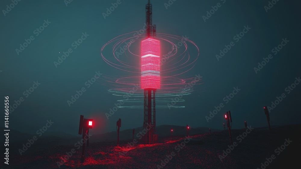 Poster A signal antenna with a futuristic hologram of line data transmission, showcasing advanced telecommunication and broadcast technology.