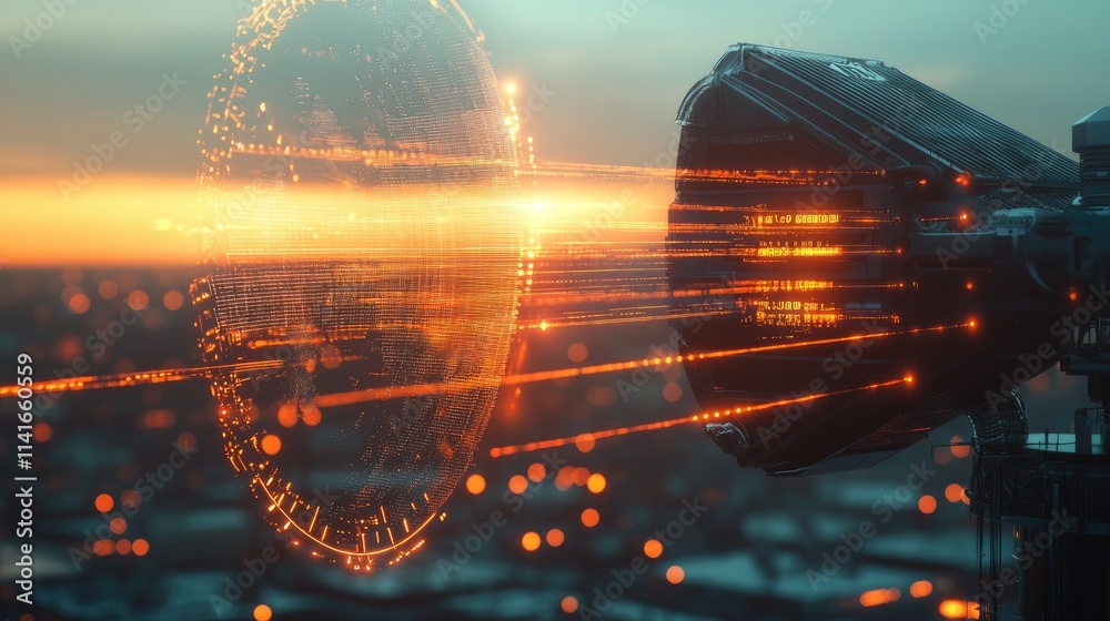 Poster a signal antenna with a futuristic hologram of line data transmission, showcasing advanced telecommu