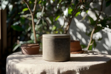 Fototapeta premium Cylindrical container on table outdoors, sunlight.