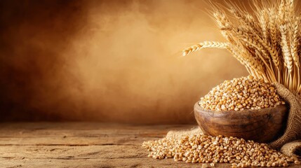 Rustic Display of Beautifully Arranged Wheat in Bowl on Wooden Table with Warm Background