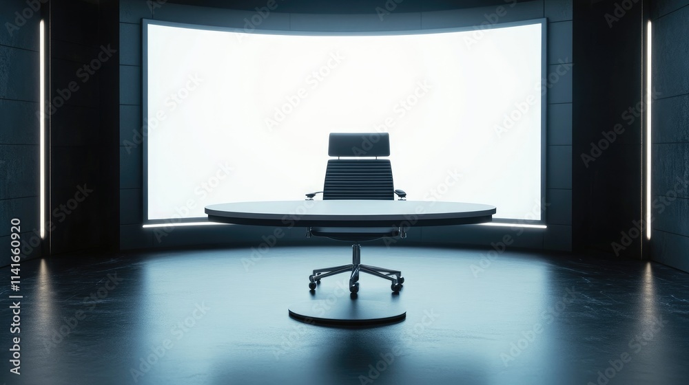 Poster a sleek news studio scene with a black chair and white table, blank led screen behind, creating a pr