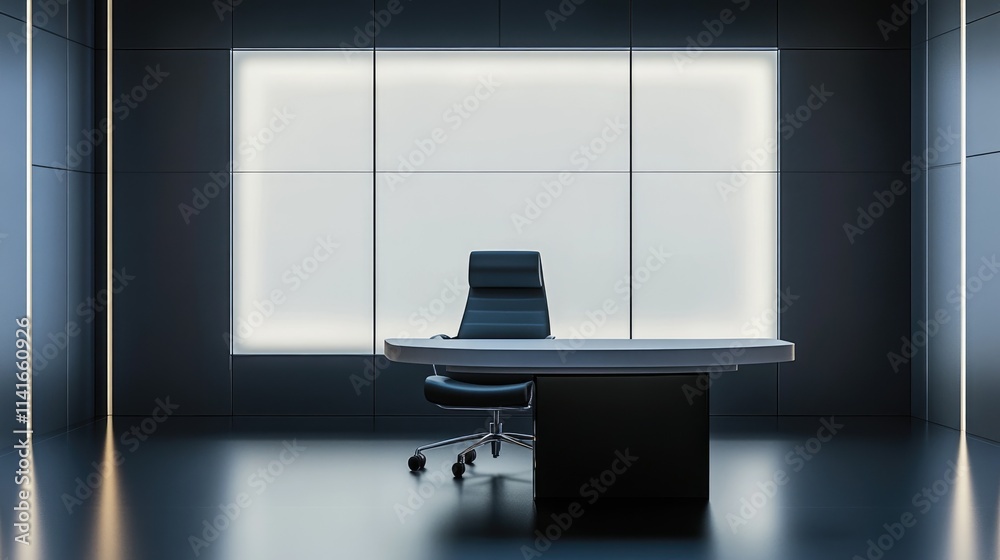 Poster a sleek news studio scene with a black chair and white table, blank led screen behind, creating a pr