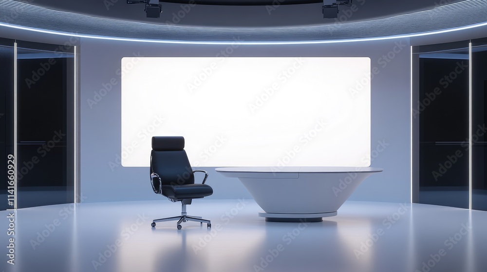 Poster a sleek news studio scene with a black chair and white table, blank led screen behind, creating a pr