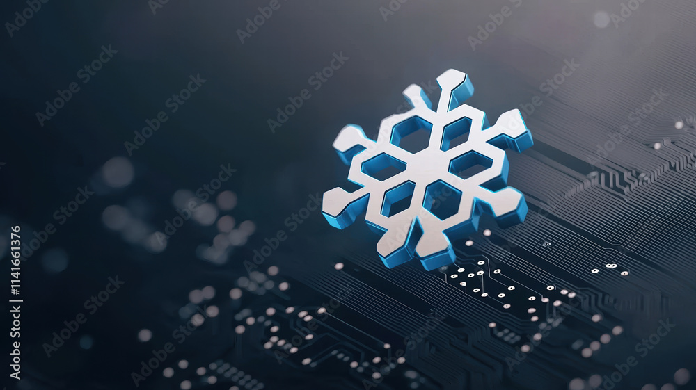 Poster metallic blue snowflake symbol on circuit board background, representing technology and winter theme