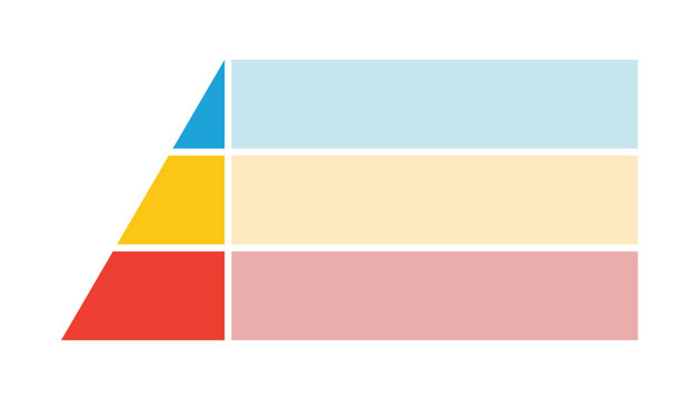 Levels of triangular pyramid. Half triangle pyramid chart. Maslow layer diagram. Development level infographic. Business graph. Vector illustration isolated on white background.