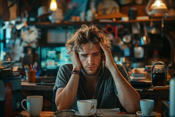 A man sitting in a cafe, looking stressed with hands on his head amidst cluttered surroundings.