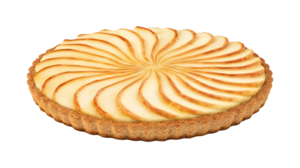 A top view of an apple tart with thin slices arranged in the shape of a circle, isolated on a transparent background