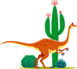 Cartoon prehistoric pelicanimimus dinosaur character. Isolated vector genus of theropod dino from the Early Cretaceous period. Ancient reptile animal with spots standing near a large flowering cactus
