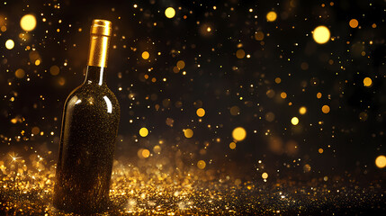 Fototapeta premium Black wine bottle with gold glitter background
