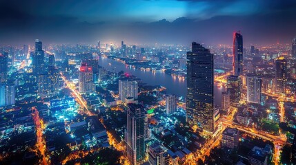 Obraz premium A stunning view of Bangkok city at night with glowing lines of 5G and Wi-Fi networks, representing the smart city's communication and IoT infrastructure.