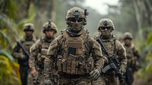 A group of soldiers are walking through a forest