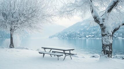 A table covered in snow, with ample space for decoration, set against a serene winter landscape perfect for holiday styling.