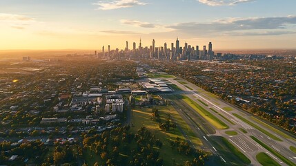 Obraz premium Golden Hour Aerial View of a City Skyline and Airport. AI Generated