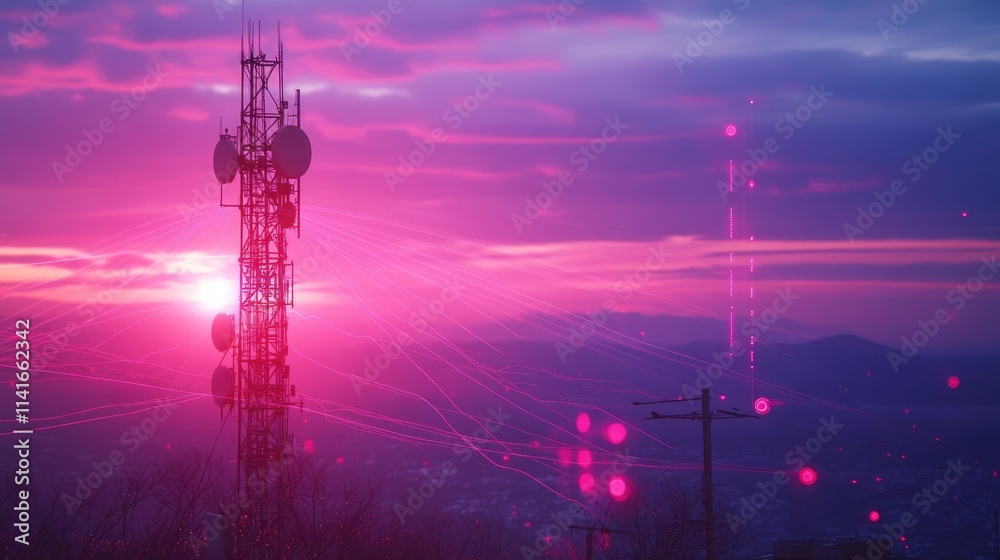 Poster a telecommunication tower with radiant digital waves in the background, emphasizing the role of 5g t
