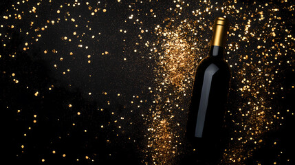 Black wine bottle with gold glitter background