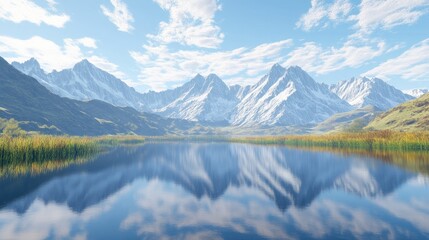 Fototapeta premium A tranquil lake mirroring the majestic peaks of a mountain range, surrounded by stunning natural beauty. Perfect for promoting outdoor exploration or environmental awareness.