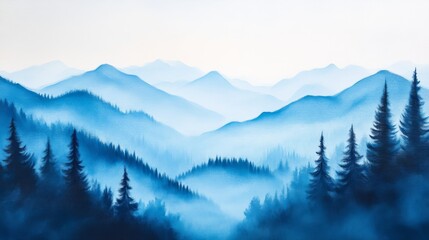 Misty blue mountains with pine forest in