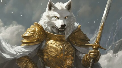 A majestic white Wolf warrior, adorned in golden armor, stands ready to defend the realm with his mighty sword. 