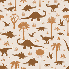 Prehistoric dinosaurs seamless pattern of Jurassic lizards and reptiles, vector background. Kids cartoon dinosaurs pattern of prehistoric era dino animals and birds with jungle forest and palm trees