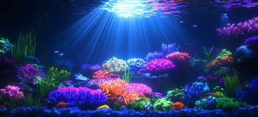 Naklejka premium Vibrant Underwater Coral Reef with Sunlight Rays Illuminating Colorful Marine Life and Aquatic Plants
