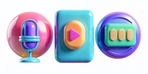 3D Pause, Play, Podcast Chat Radio Icons - Minimalist Design