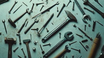 A well-organized flat lay of construction tools like hammers, wrenches, and pliers, with scattered nails and screws, featuring copy space for advertisements or messages.