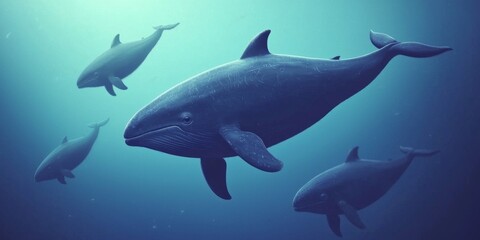Fototapeta premium Majestic Whales Swimming Gracefully in Deep Blue Ocean Environment with Soft Light Illuminating Their Bodies
