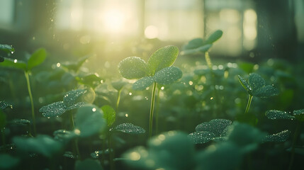 Dew-kissed clover leaves bathed in morning sunlight.
