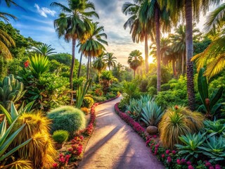 Fototapeta premium Asian Botanical Garden Path, Lush Tropical Road, Summer Escape