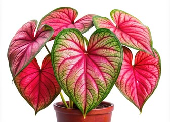 Obraz premium Pink heart-shaped caladium leaf, a Valentine's Day tropical treat. Isolated red caladium, close-up, against a white backdrop.