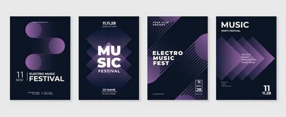Music poster design background vector set. Electro Sound Cover template with vibrant abstract gradient geometric shape and line wave. Ideal design for social media, flyer, party, music festival, club.