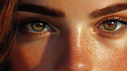 Fototapeta premium Golden Hour Eyes: A Digital Painting of Freckles and Warm Light. AI Generated