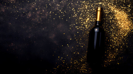 Black wine bottle with gold glitter background
