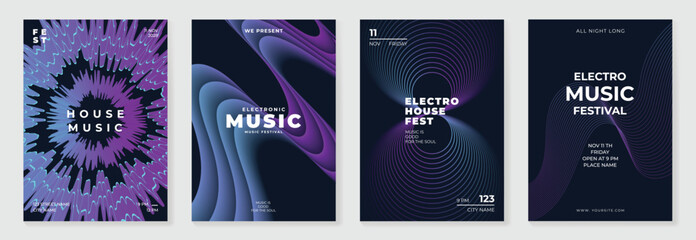 Music poster design background vector set. Electro Sound Cover template with vibrant abstract gradient geometric shape and line wave. Ideal design for social media, flyer, party, music festival, club.