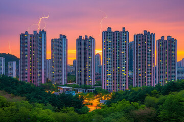 Fototapeta premium Dramatic sunset over city high-rises and green hills with lightning.