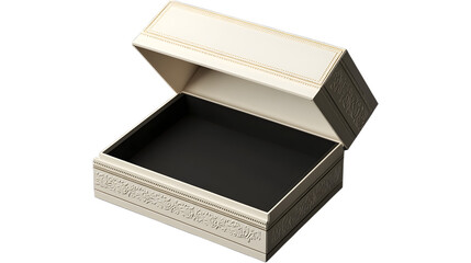 A white box with the lid open, standing upright on its side, made of textured paper material, isolated on a transparent background