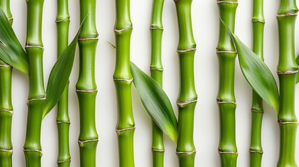 Obraz premium Stylish flat lay composition featuring green bamboo leaves and shoots against a white background